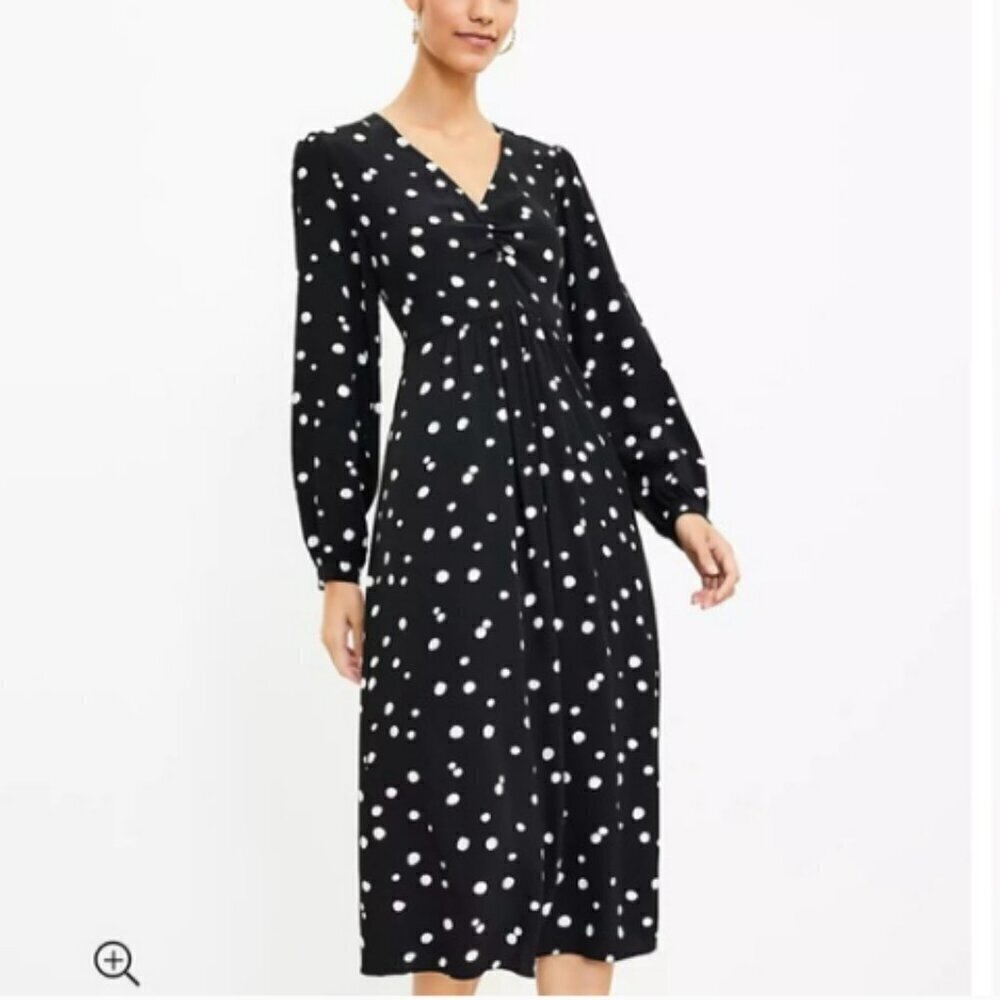 LOFT Black Polka Dot Ruched Bodice Front Long Sleeve Midi Dress